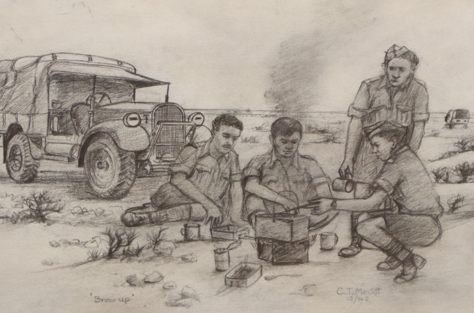 Cyril Mount (1920-2013), pencil drawing and ink and wash study, Brew Up, 9/42 and Track through a mine field, 8/42, 18 x 25cm
